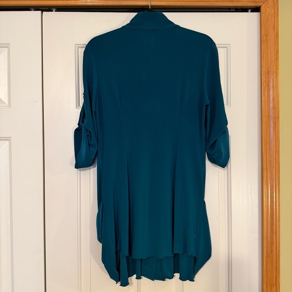 Joseph Ribkoff Teal Asymmetric Tunic Top Roll Tab Sleeves - Picture 3 of 7